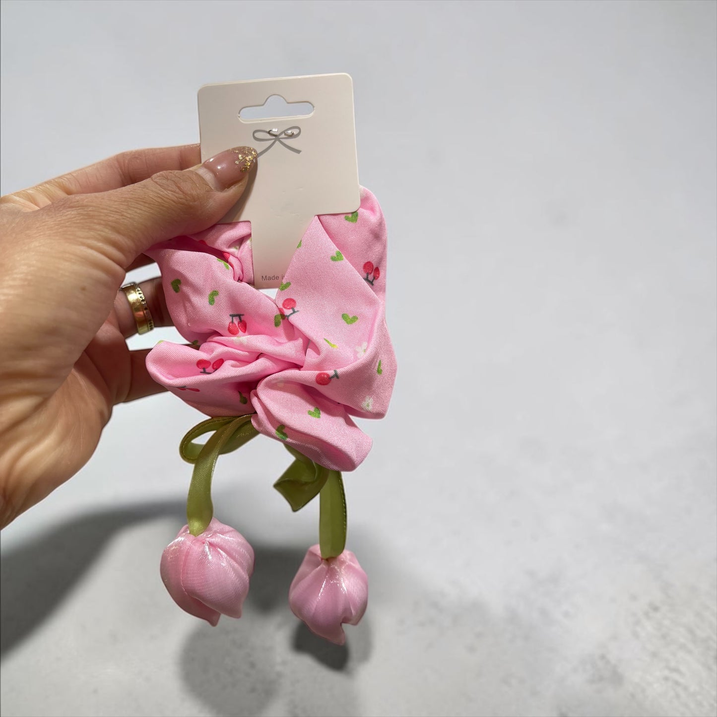 Cherry Blossom Scrunchie with Tulip Tassels – Cute Floral Hair Tie