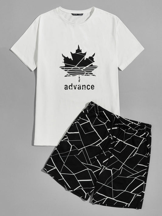 SHEIN Men Letter Graphic Top & Drawstring Waist Geo Shorts Set - Med