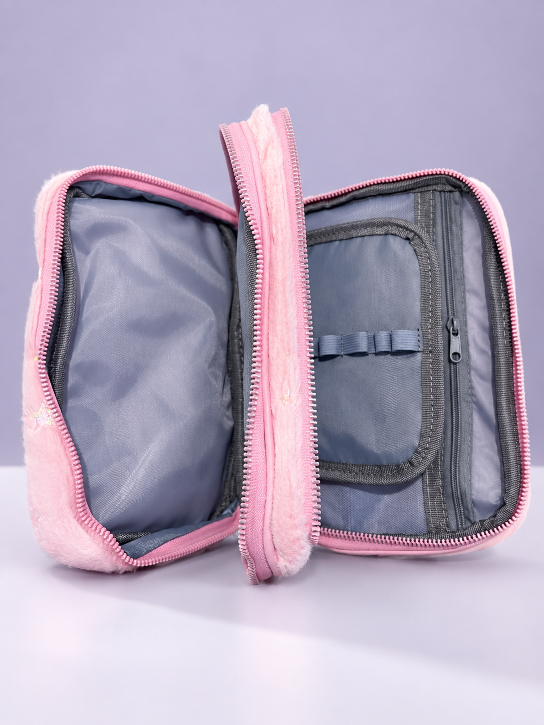 Fuzzy Star Print Double Compartment Pencil Case – Pink & Lavender