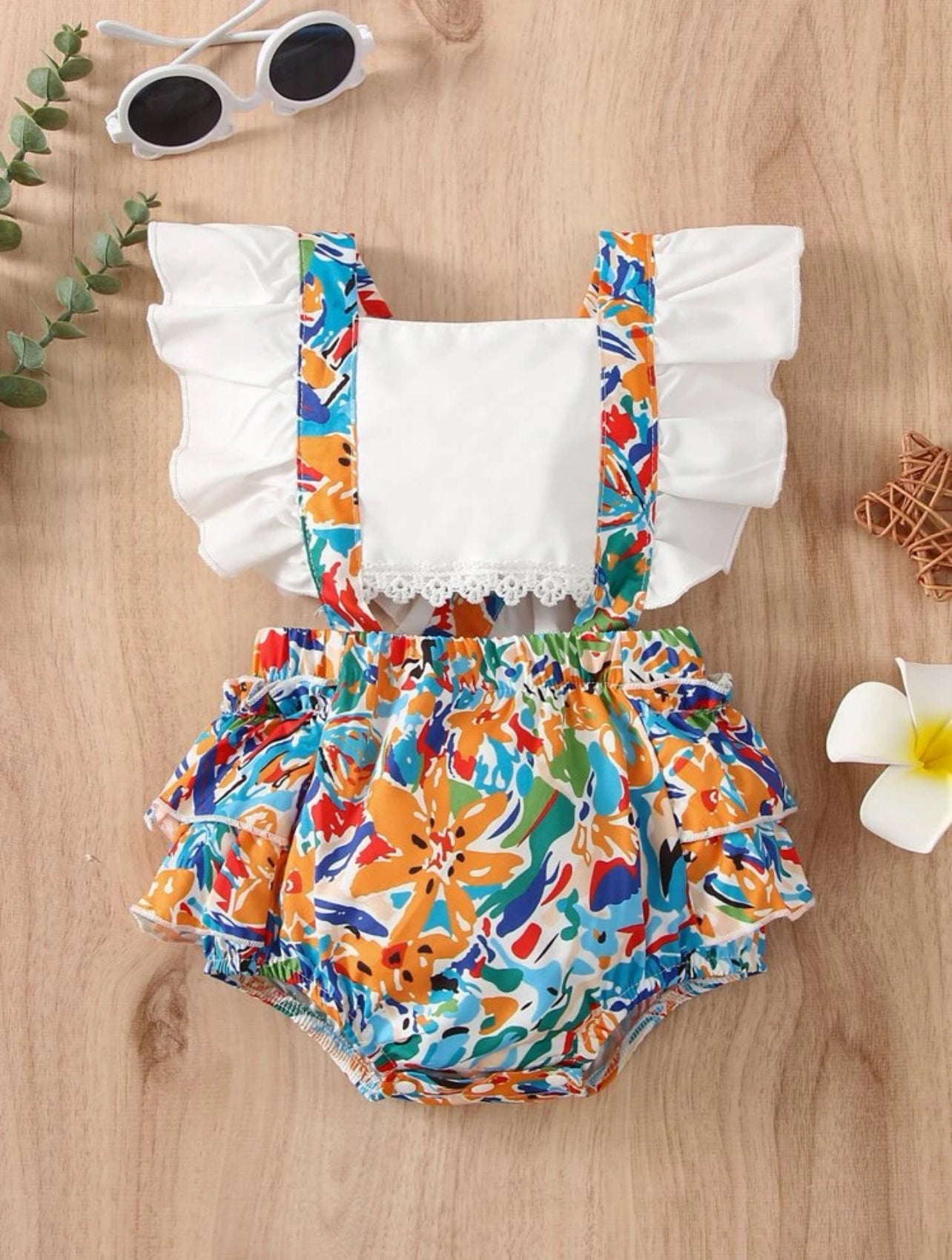 SHEIN Baby Floral Print Contrast Lace Cut Out Ruffle Trim Crisscross Bodysuit - 12 Months
