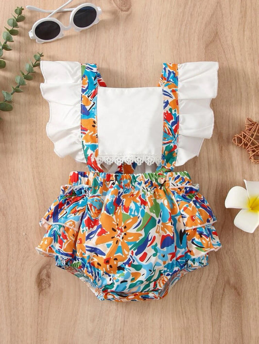 SHEIN Baby Floral Print Contrast Lace Cut Out Ruffle Trim Crisscross Bodysuit - 12 Months