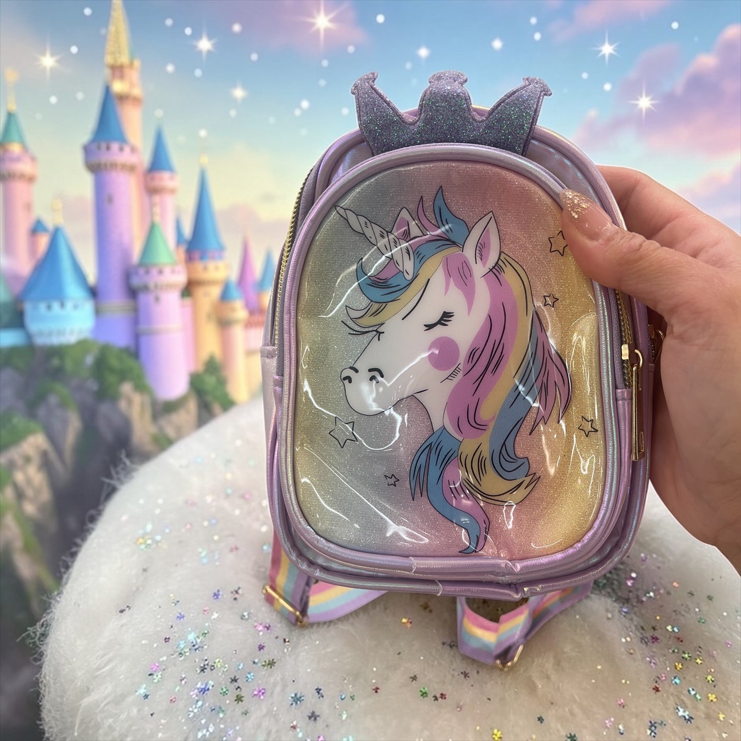Cute Unicorn Mini Backpack for Girls – Rainbow Strap Glitter Crown Kids Bag