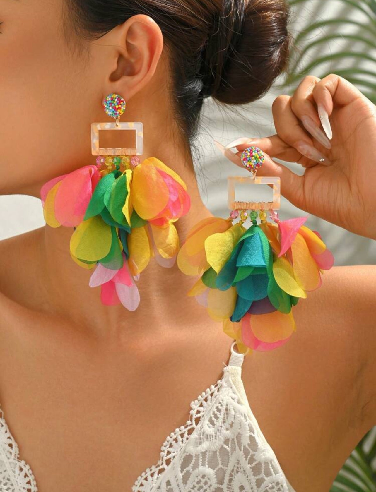 1 Pair Bohemian Style Colorful Chiffon Petal Tassel Earrings, Handmade, Suitable For Women, Fit For Party, Ball, Beach Holiday