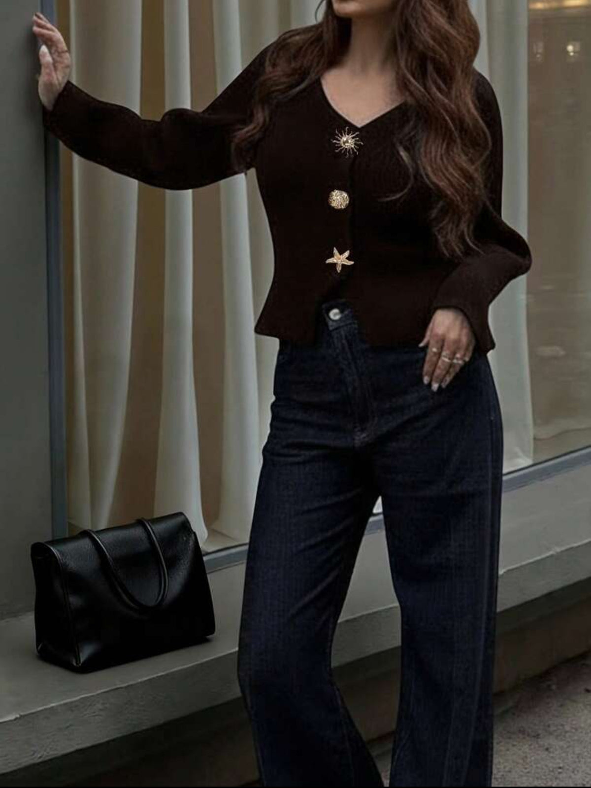 FOR BEAUTY Autumn/Winter Y2K Women's Brown New V-Neck Asymmetric Button Knit Cardigan Long Sleeve Casual Fashion Loose Fit Commuter Top - Medium