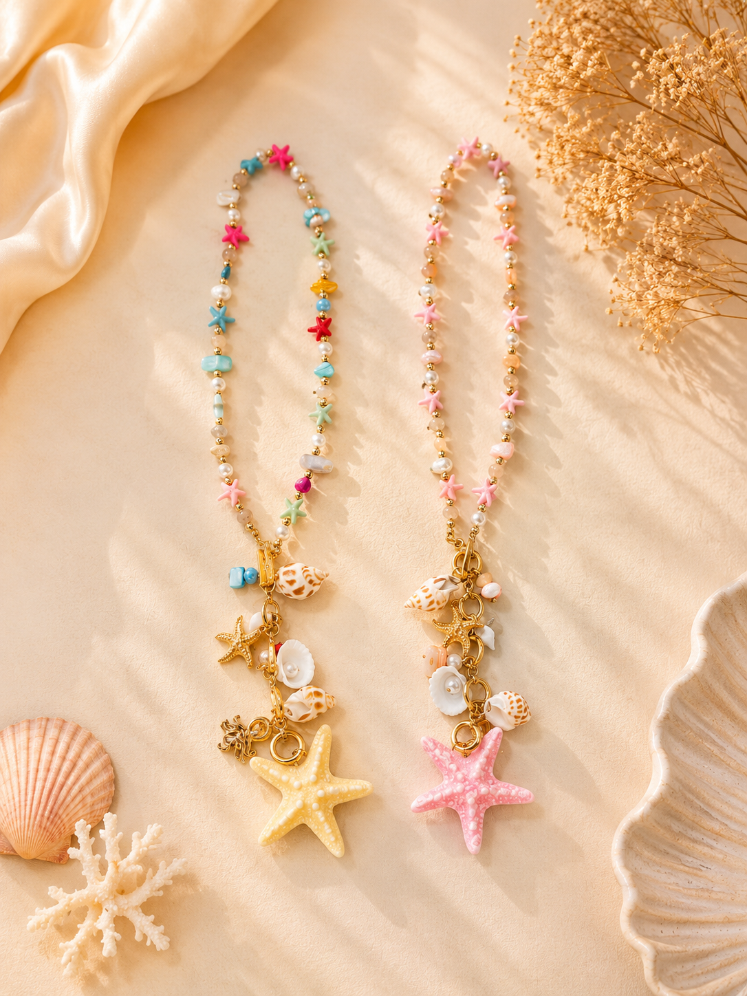 Beachy Seashell & Starfish Charm Necklace – Colorful Beaded Statement Necklace