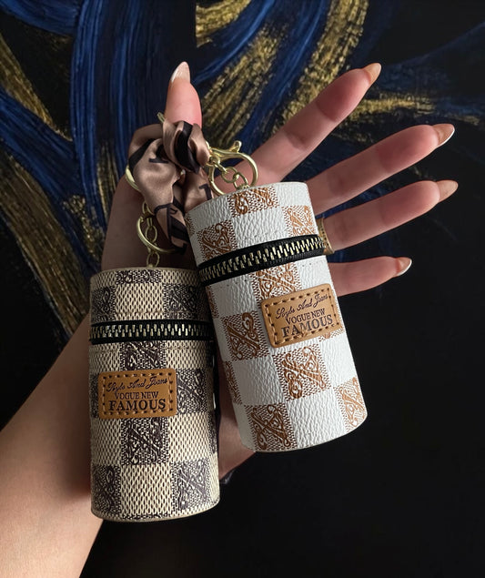 Elegant Mini Cylinder Keychain Pouch with Scarf Detail – Portable Zipper Case
