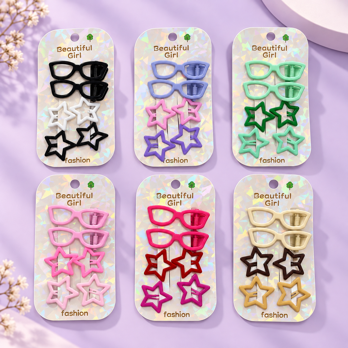 6Pcs Kids’ Hair Clips Set – Glasses & Star Designs