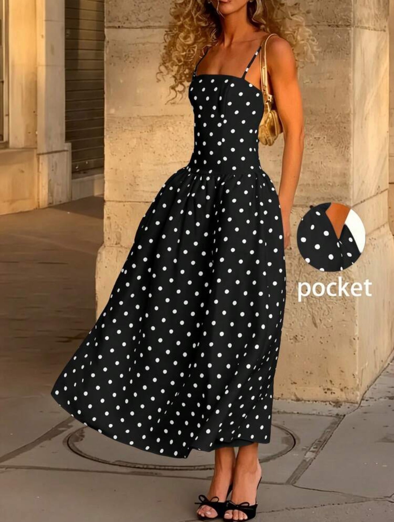 Spring/Summer New Fashionable Elegant Casual Street Vacation Music Festival Polka Dot Strap Dress - Large
