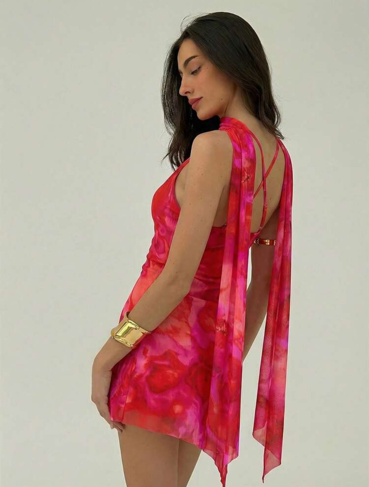 Aloruh New Romantic Tie Neck Bodycon High Slit Asymmetrical Hem Tie Dye Floral Mini Dress, Suitable For Dates, Vacation, Spring/Summer ,Summer Dress - S,M
