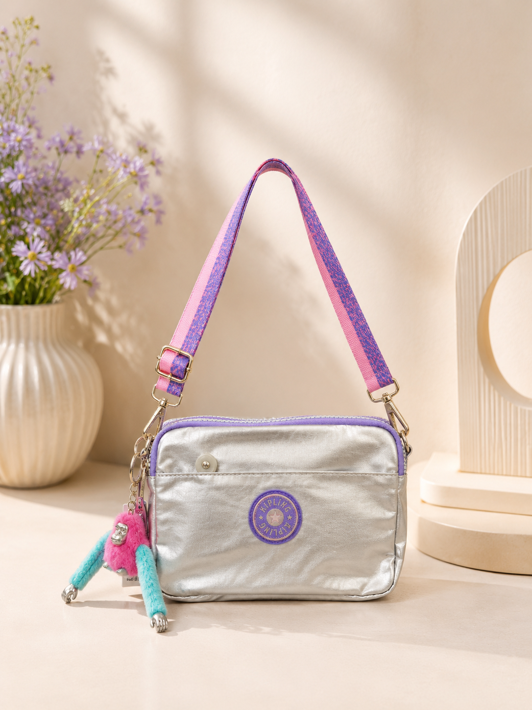 Metallic Crossbody Bag with 4 Zipper Compa