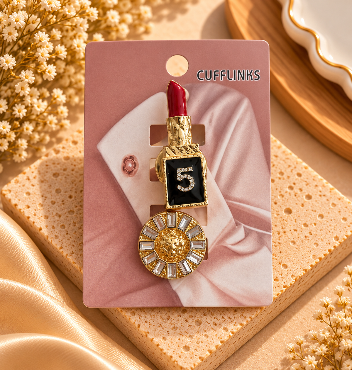 Lipstick & Sunburst Gold Shirt Cufflinks – Elegant Statement Accessories