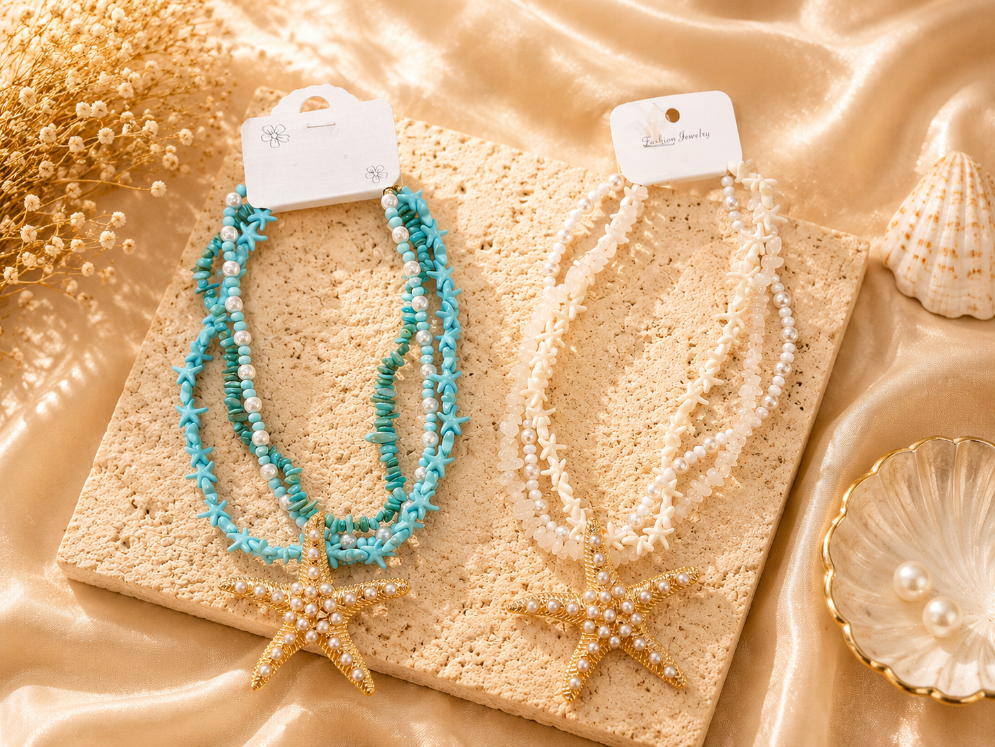Pearl & Shell Starfish Layered Necklace – Beach-Inspired Statement Jewelry