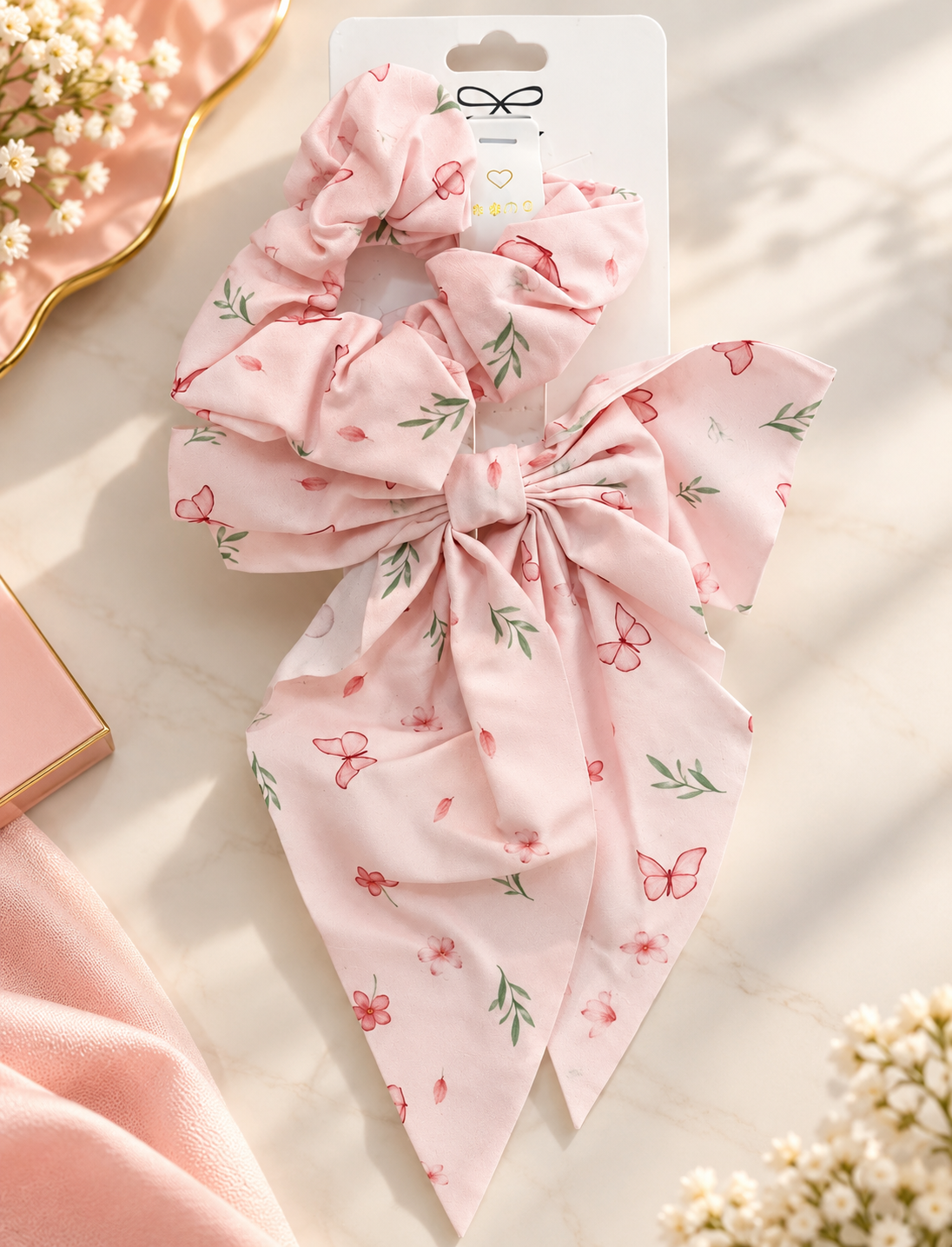 Girls’ Pink Bow Scrunchie & Long-Tail Hair Bow Set – Assorted Prints