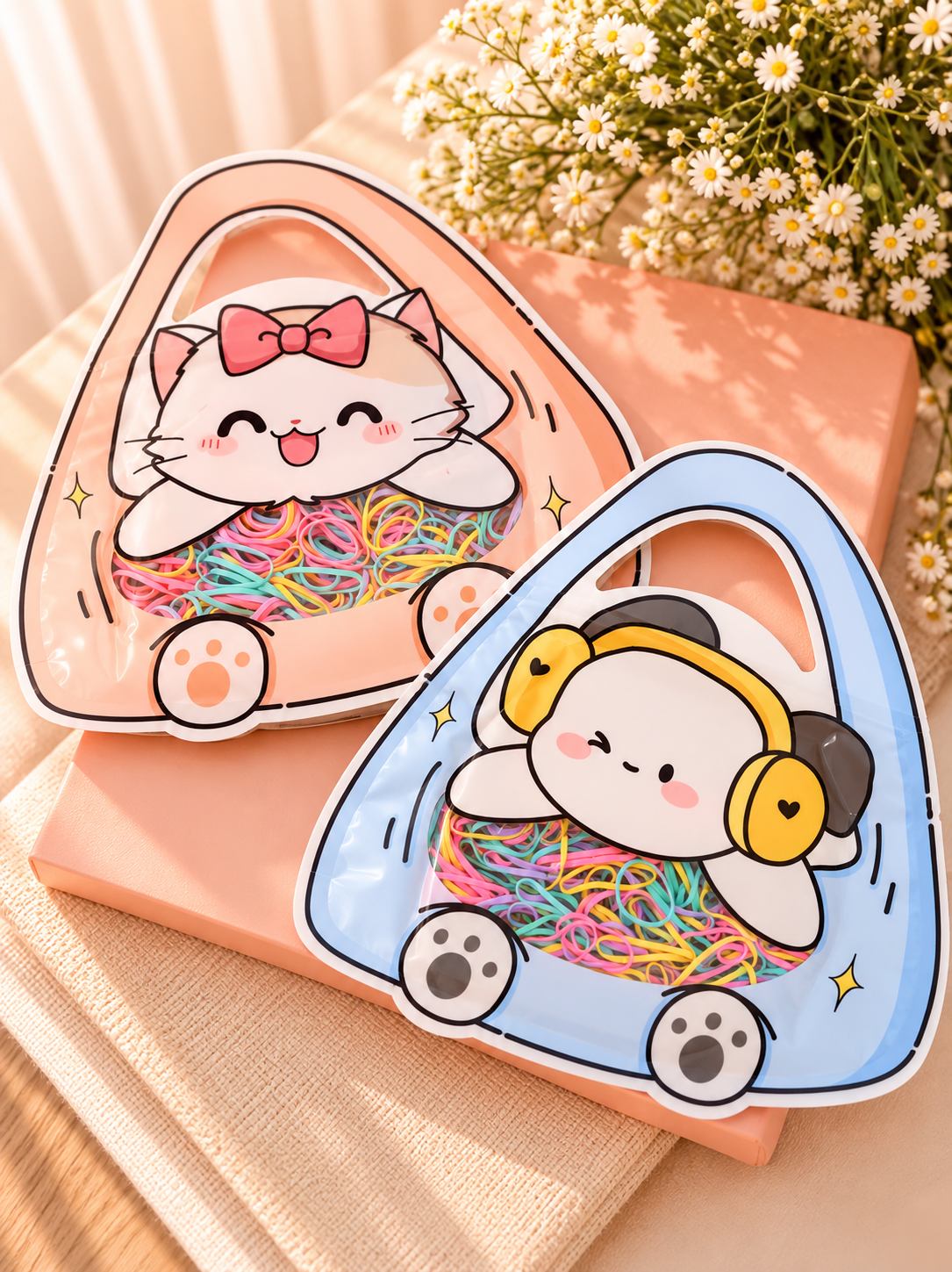 Cute Kawaii Hair Accessories Pouch with Disposable Elastic Hair Ties – Cat & Headphone Designs