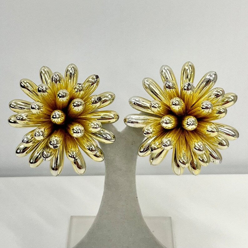 Vintage Gold Tone Plastic Cluster Chunky Earrings Large Statement 1980’s Clip On Earrings Light Weight