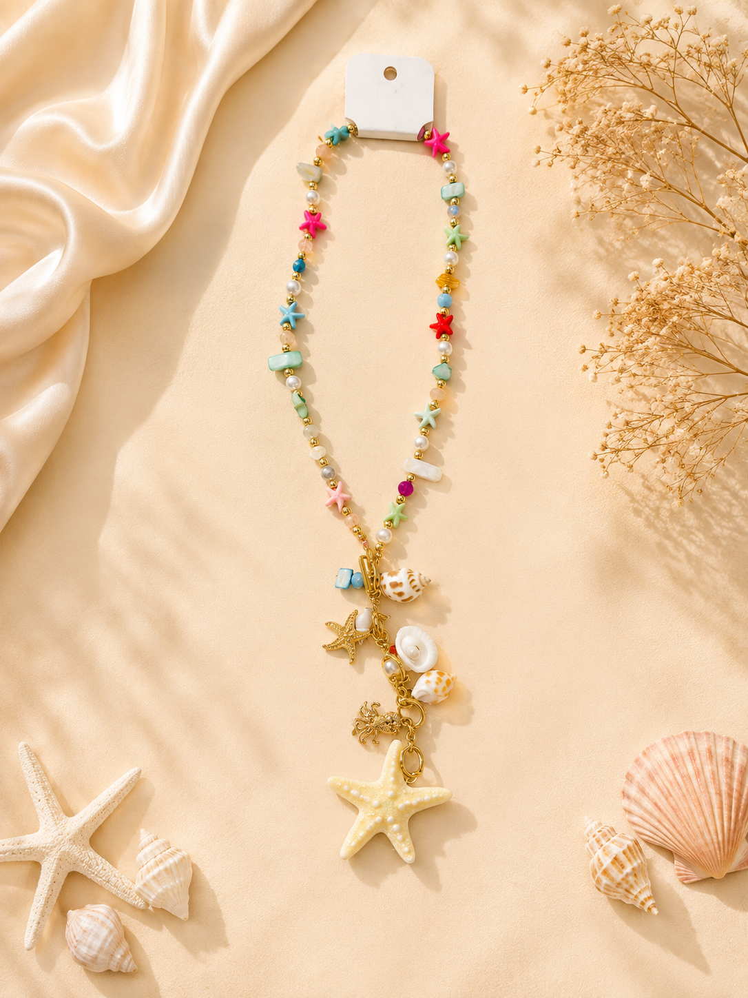 Beachy Seashell & Starfish Charm Necklace – Colorful Beaded Statement Necklace