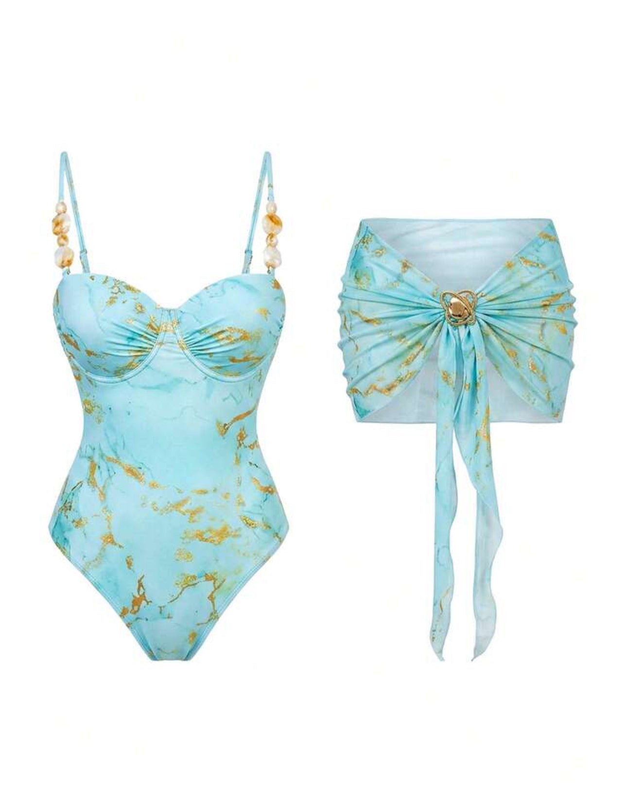 Bonvoyette Swim Oasis Women's 3-Piece Swimsuit Set,Underwire One-Piece Swimsuit With Mesh Skirt,Light Blue,Summer,Casual,Beach Party,Holiday,Vacation,Holiday