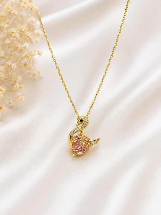 Rose Crystal Swan Stainless Steel Necklace – Gold Plated