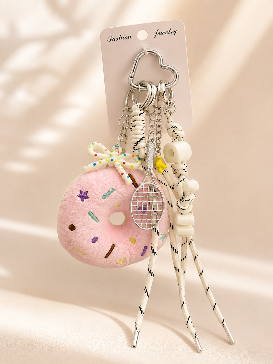 Cute Donut Plush Keychain with Tennis Racket Charm & Heart Carabiner