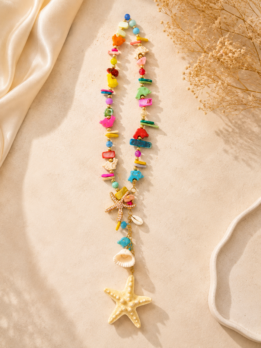 Beachy Seashell & Starfish Charm Necklace – Colorful Beaded Statement Necklace