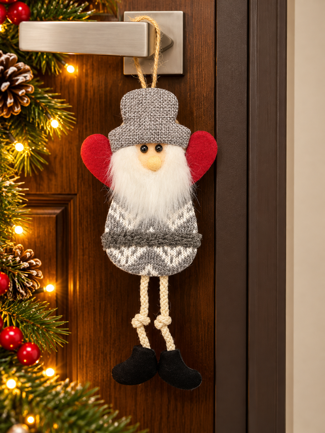 Christmas Gnome Door Hanger – Grey & Red Festive Decoration