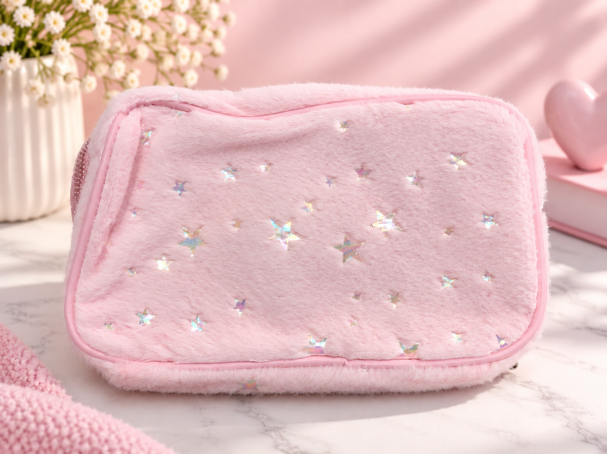 Fuzzy Star Print Double Compartment Pencil Case – Pink & Lavender