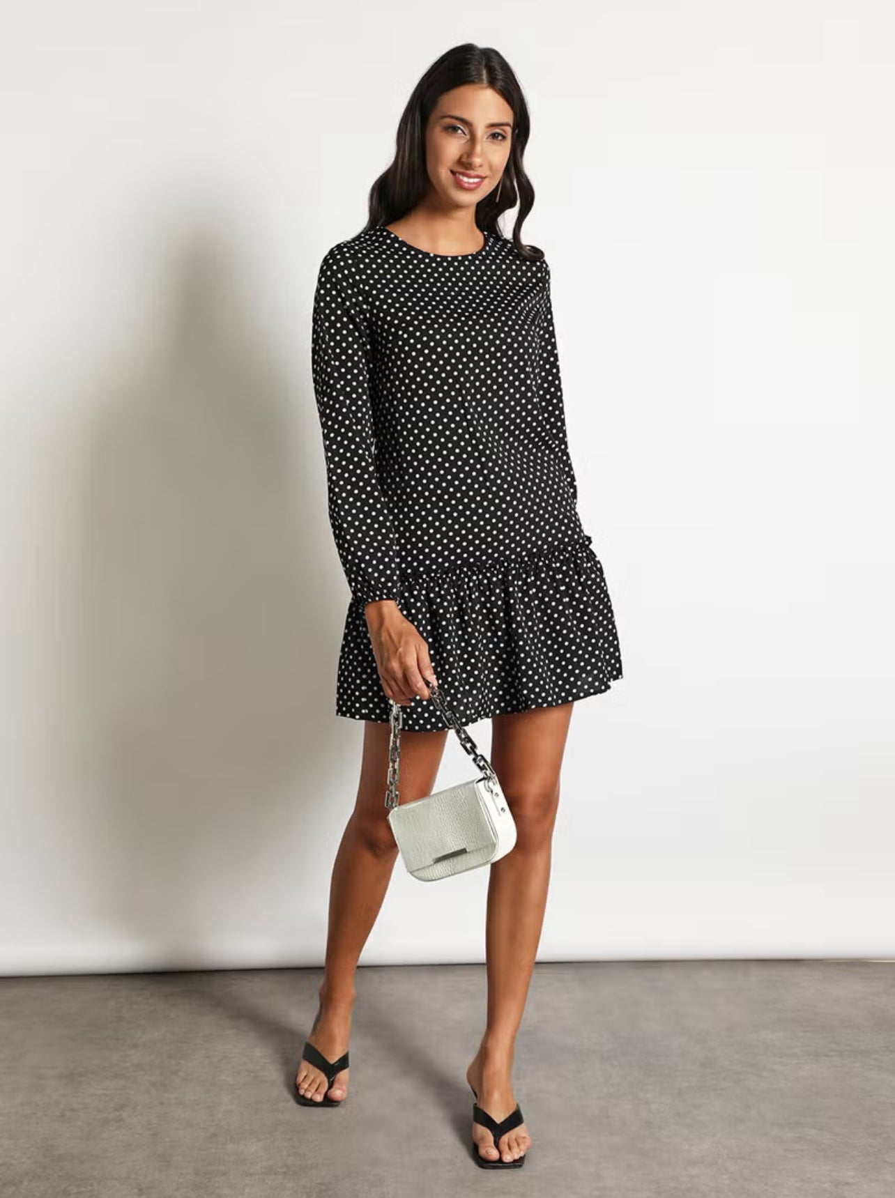 Aila Women's Dot Print Long Sleeve Falbala Bottom Hem Mini Dress Black - S