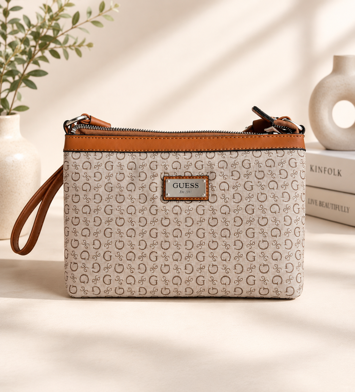 Inspired Monogram Crossbody Bag – Beige & Tan