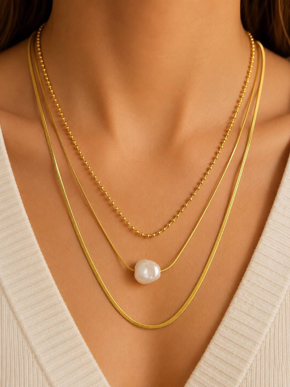 Stainless Steel Layered Pearl Necklace – Gold Tone Triple Chain Necklace