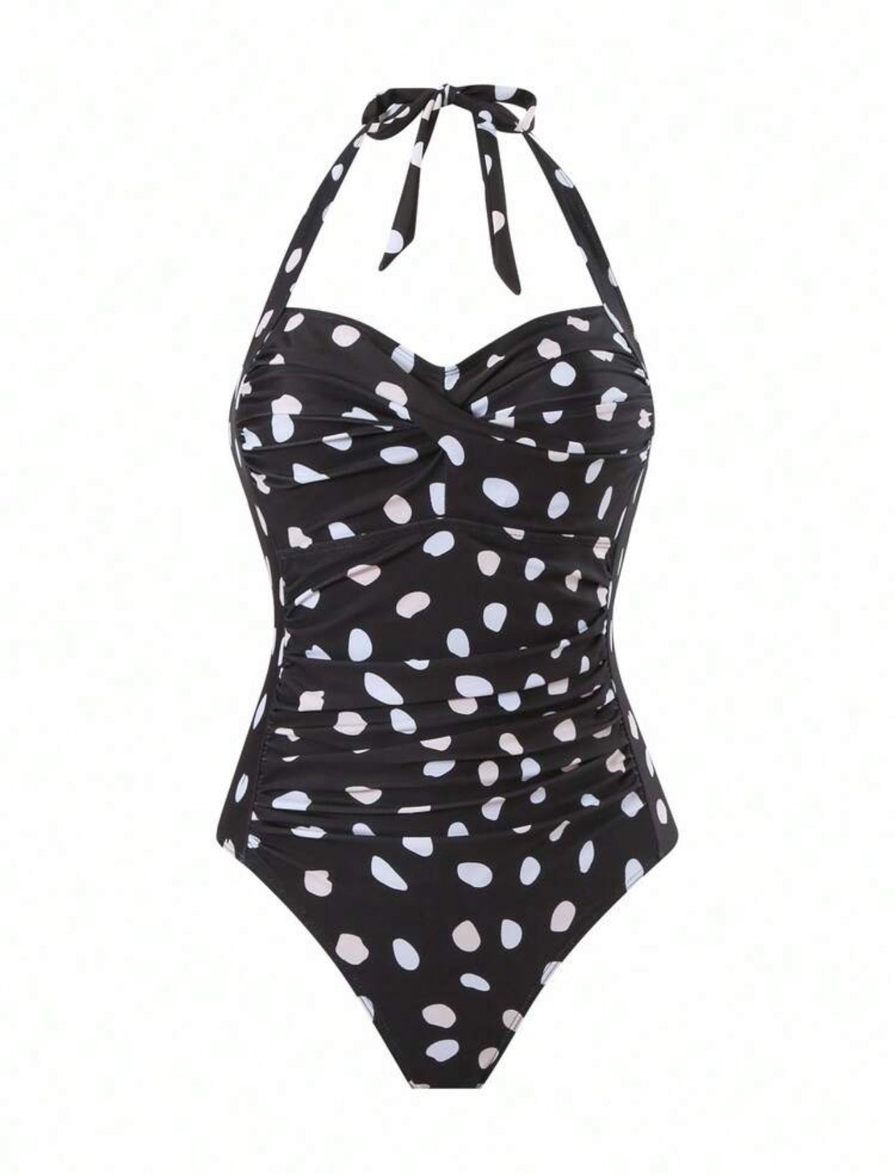 Bonvoyette Asymmetrical Polka Dot Halter One Piece Swimsuit & Maxi Skirt Set For Women - XL