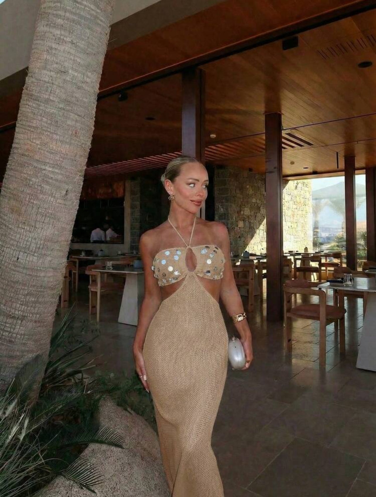 FOR BEAUTY Summer Women's Bohemian Glitter Sequin Coffee-Tone Halter Dress, Sleeveless Bandeau Backless Cami Dress,Beach Vacation Dress,Summer Dress - M