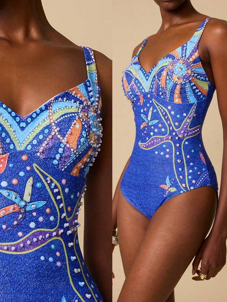 Bonvoyette 1pc Women's All-Over Print Baby Blue One-Piece Swimsuit,Summer Boho Beaded Starfish Sparkly Bathing Suit,Full Coverage Beach Vacation Holiday Holiday