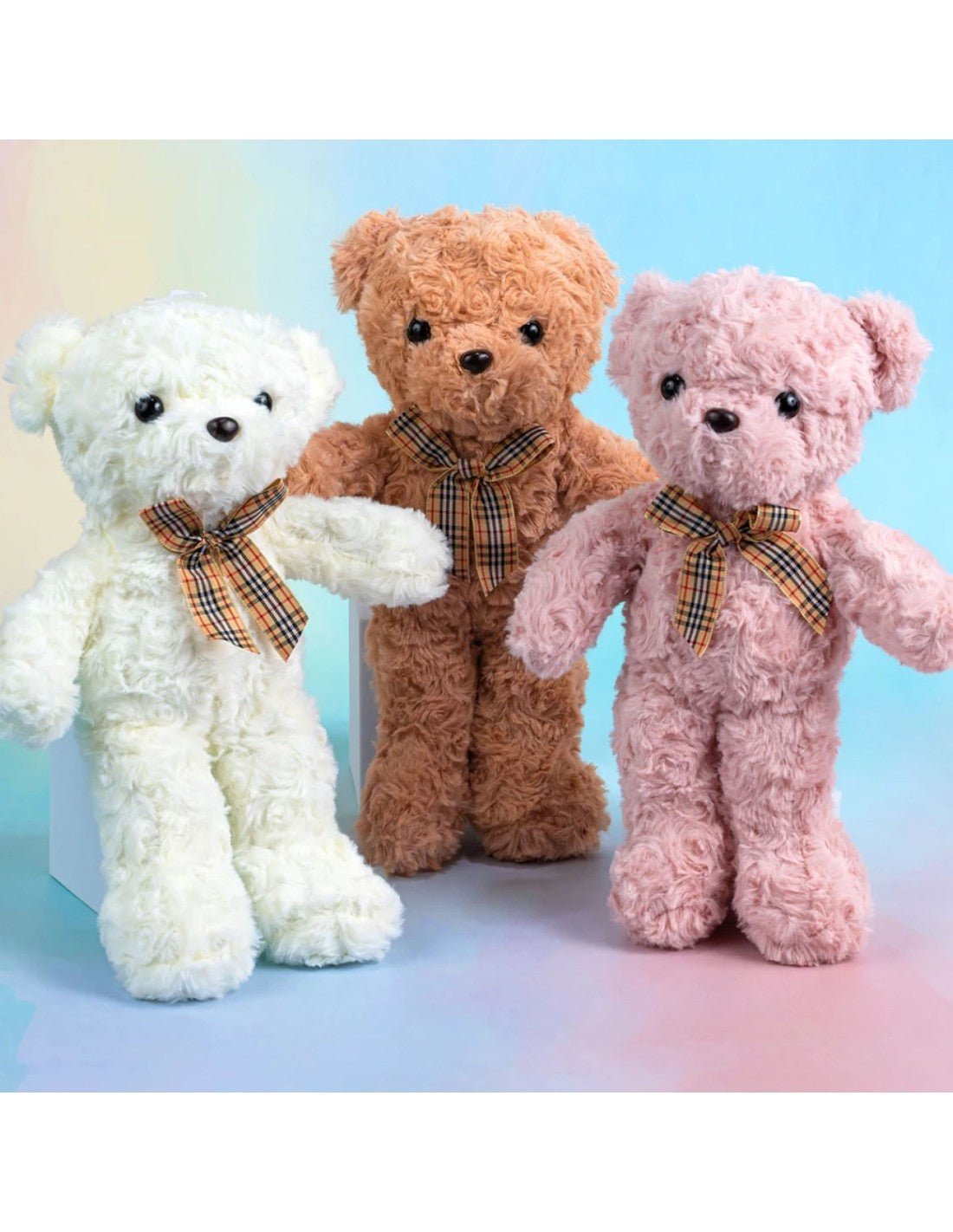Soft Plush Teddy Bear with Checkered Bow – Cute Gift for Kids & Loved Ones