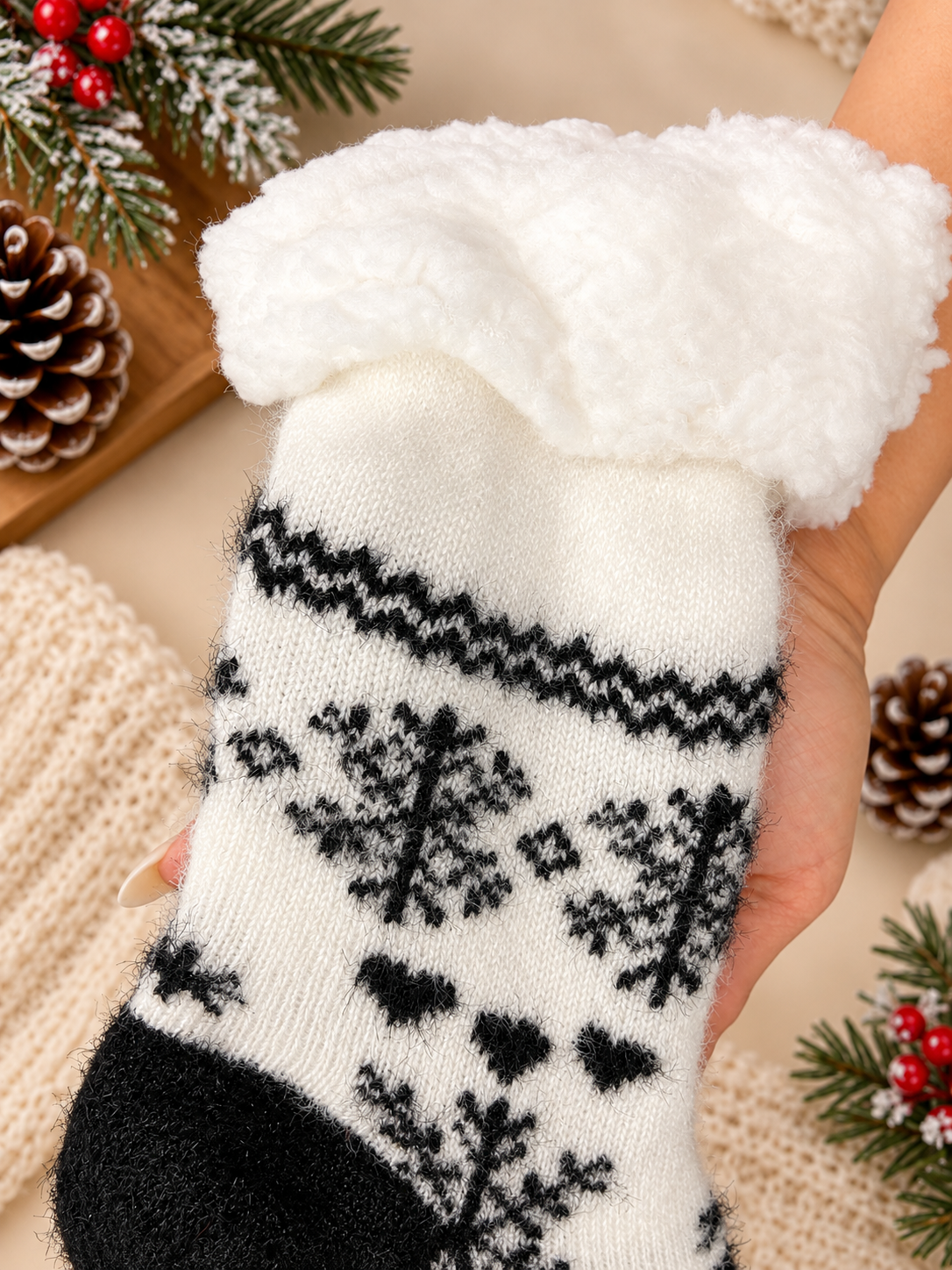 Women’s Cozy Fleece-Lined Christmas Winter Socks – Snowflake & Heart Pattern