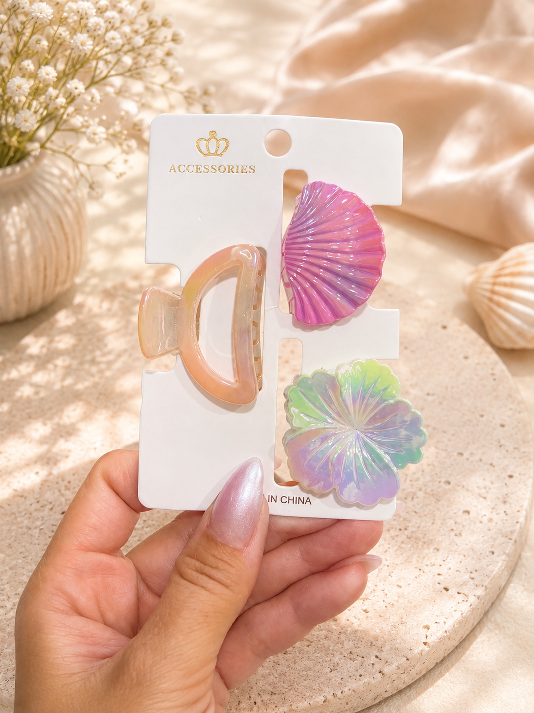 Pastel Shell & Flower Hair Clip Set – 3 Pieces