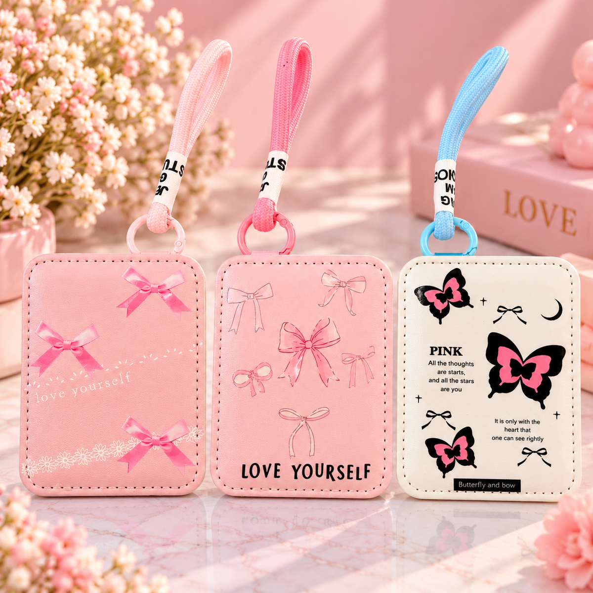 Cute Bow & Butterfly Mini Pocket Mirror Keychain – Pink & Blue Designs