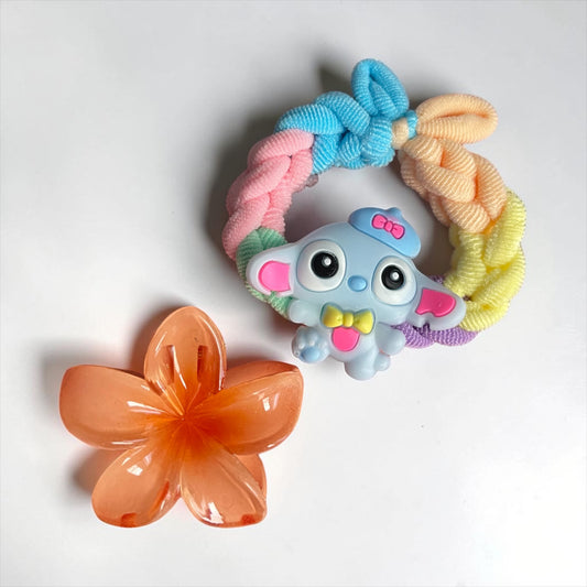 Cute Cartoon Braided Hair Tie & Flower Claw Clip Set