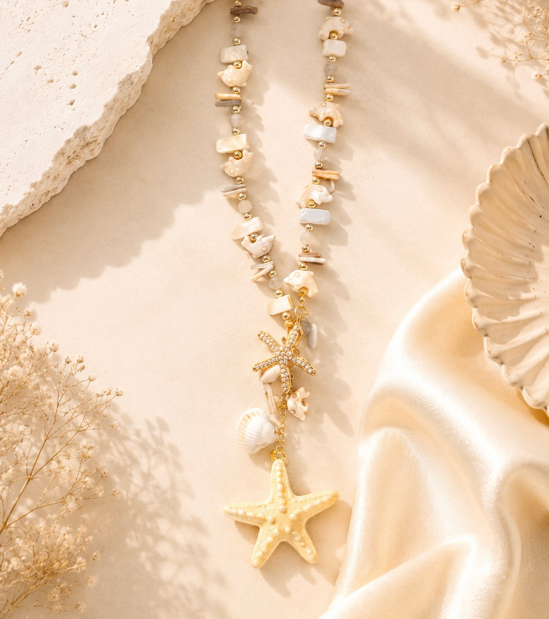 Beachy Seashell & Starfish Charm Necklace – Colorful Beaded Statement Necklace