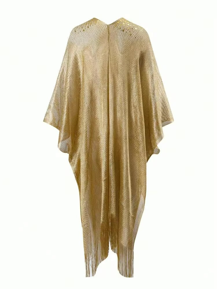 Sirith New Gold Sequins Fringe Flare Sleeve Kimono Cardigans, Women Summer Vacation Beach Cover-Up, Festival Boho Wear