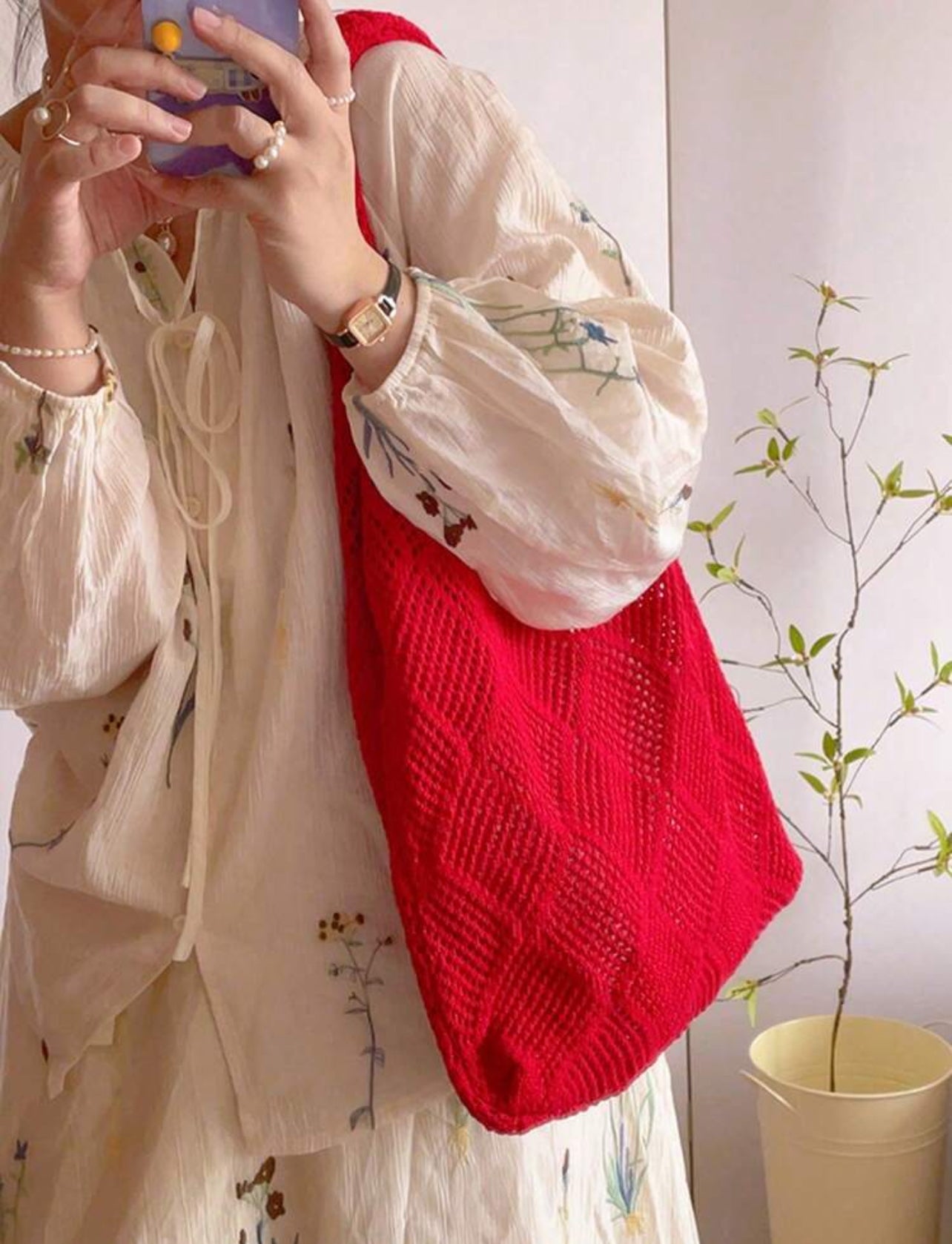 Women Hollow Knitted Shoulder Beach Bag Simple Crochet Handbag Lightweight Casual Hollow Out Pattern Crochet Bag Vacation Style For Teen Girls Women