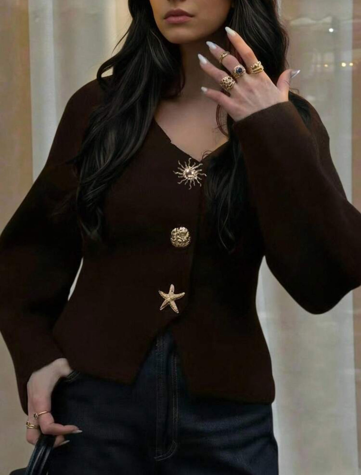 FOR BEAUTY Autumn/Winter Y2K Women's Brown New V-Neck Asymmetric Button Knit Cardigan Long Sleeve Casual Fashion Loose Fit Commuter Top - Medium