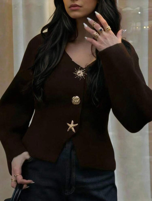 FOR BEAUTY Autumn/Winter Y2K Women's Brown New V-Neck Asymmetric Button Knit Cardigan Long Sleeve Casual Fashion Loose Fit Commuter Top - Medium