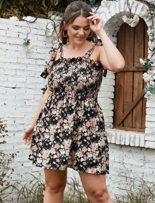 Shein Plus Floral Print Shirred Tie Shoulder Summer Dress - 0XL