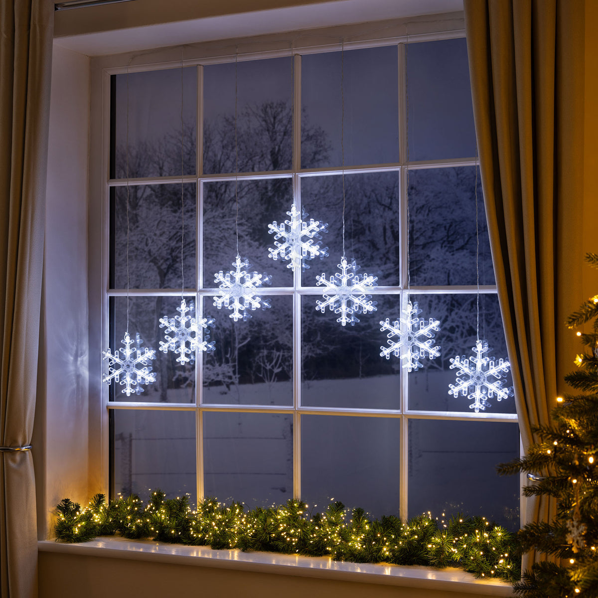LED Snowflake Curtain Lights – 3 Meter Length – Gradient Design (Longer Sides & Shorter Center)