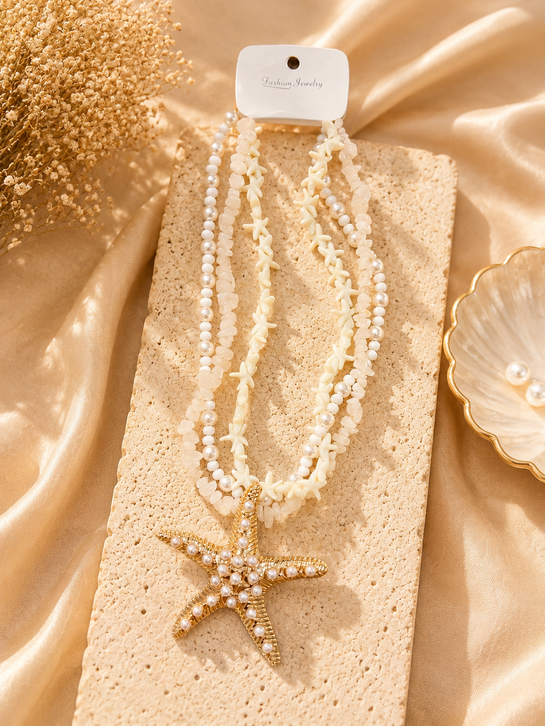 Pearl & Shell Starfish Layered Necklace – Beach-Inspired Statement Jewelry