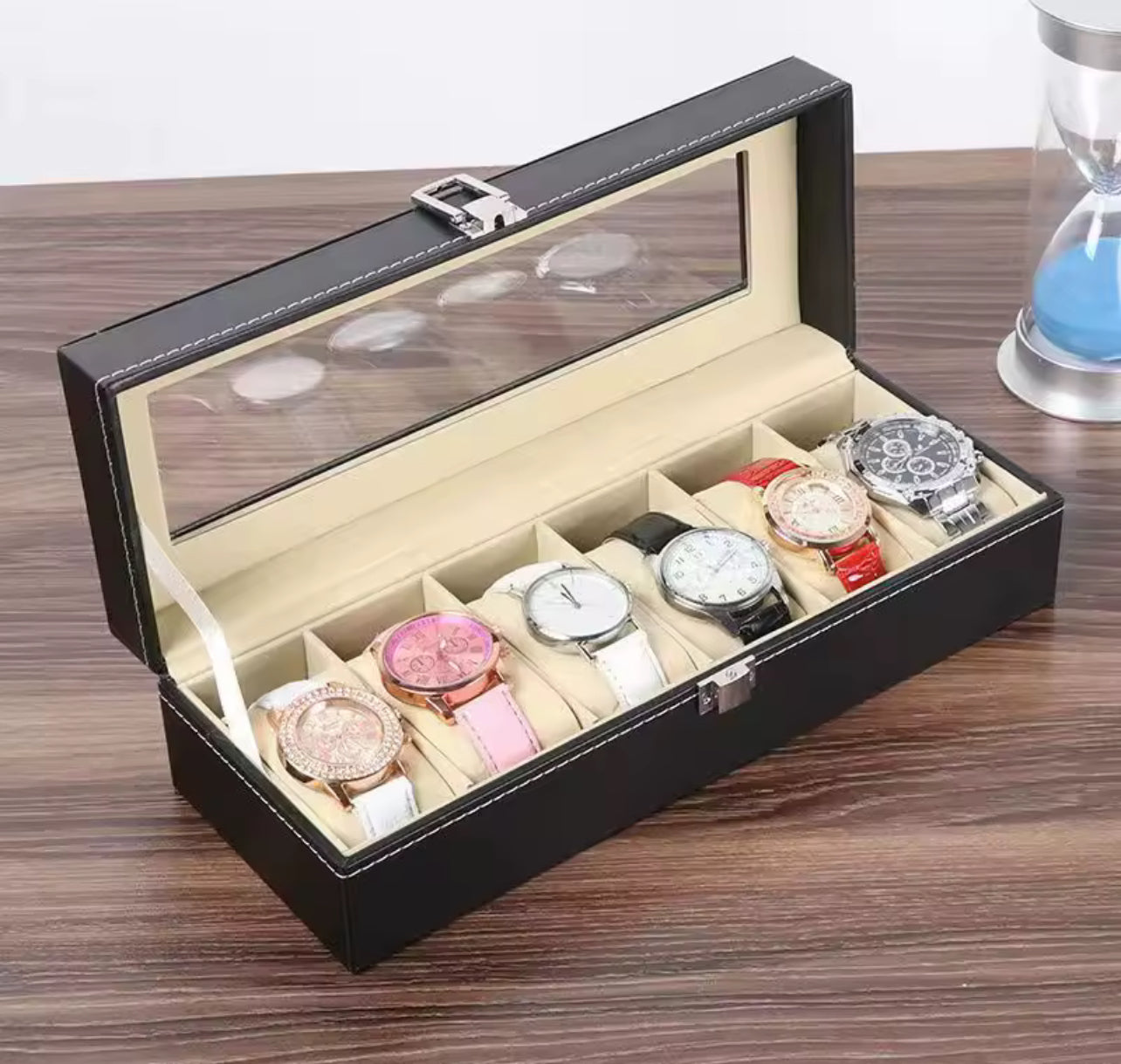 WellZone Classic 6 Positions Watch Box With Transparent Glass Top PU Leather Six Slots Watch Storage Case For Holiday Gift