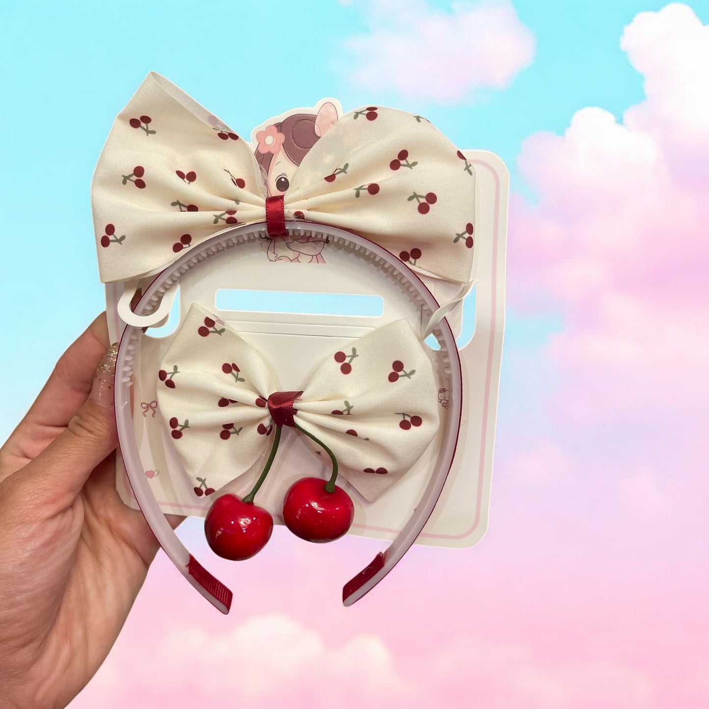 Cherry Bow Headband & Hair Clip Set – Cream & Red