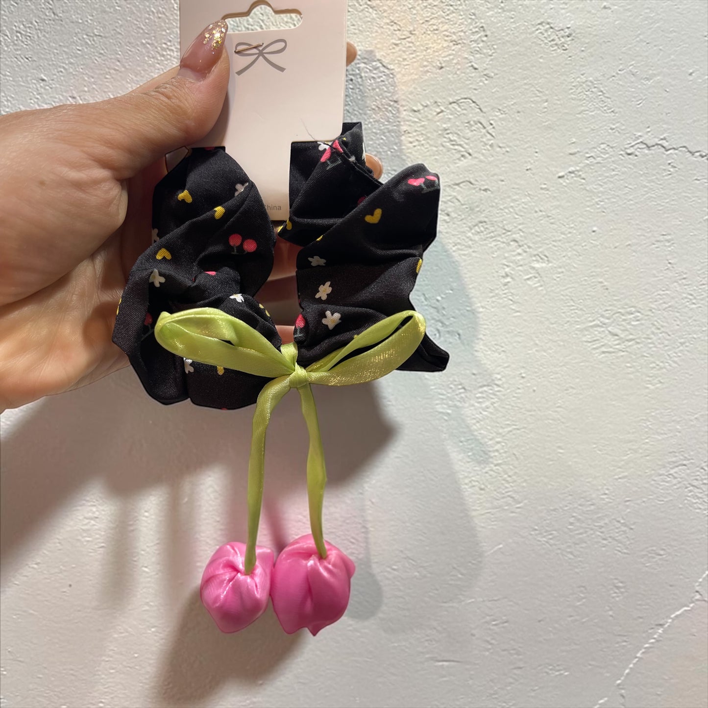 Cherry Blossom Scrunchie with Tulip Tassels – Cute Floral Hair Tie