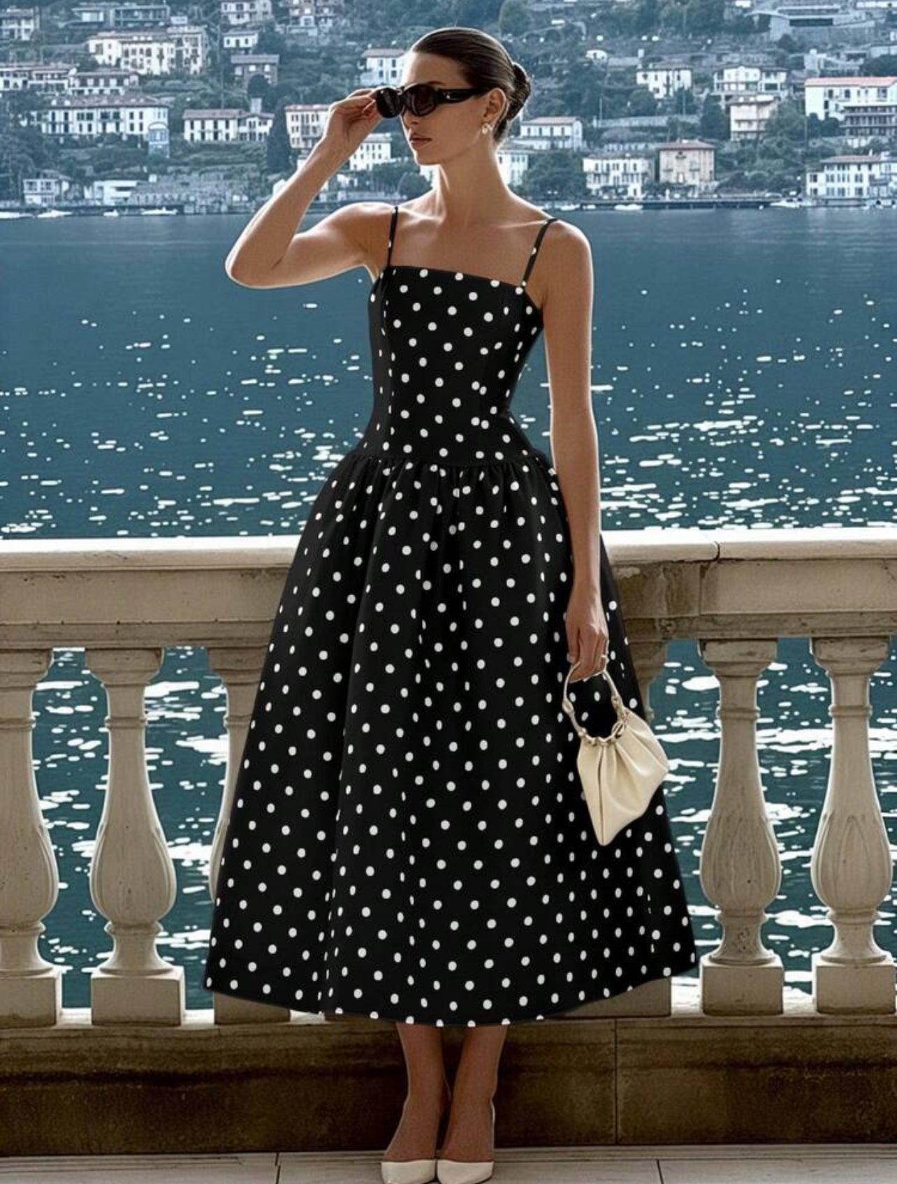 Spring/Summer New Fashionable Elegant Casual Street Vacation Music Festival Polka Dot Strap Dress - Large