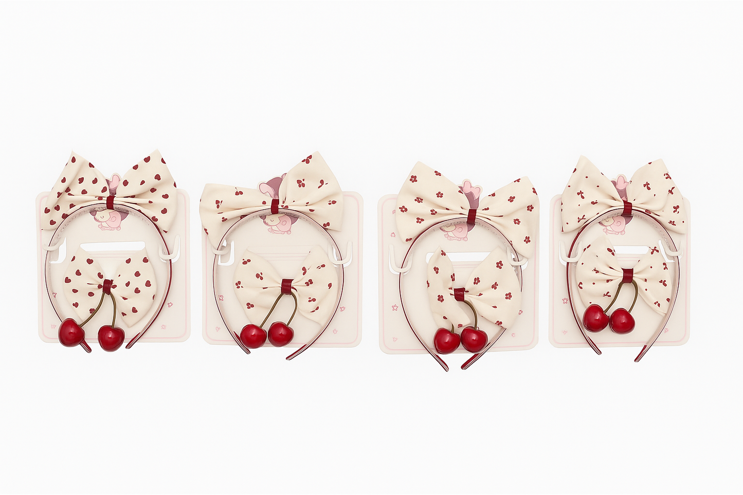 Cherry Bow Headband & Hair Clip Set – Cream & Red
